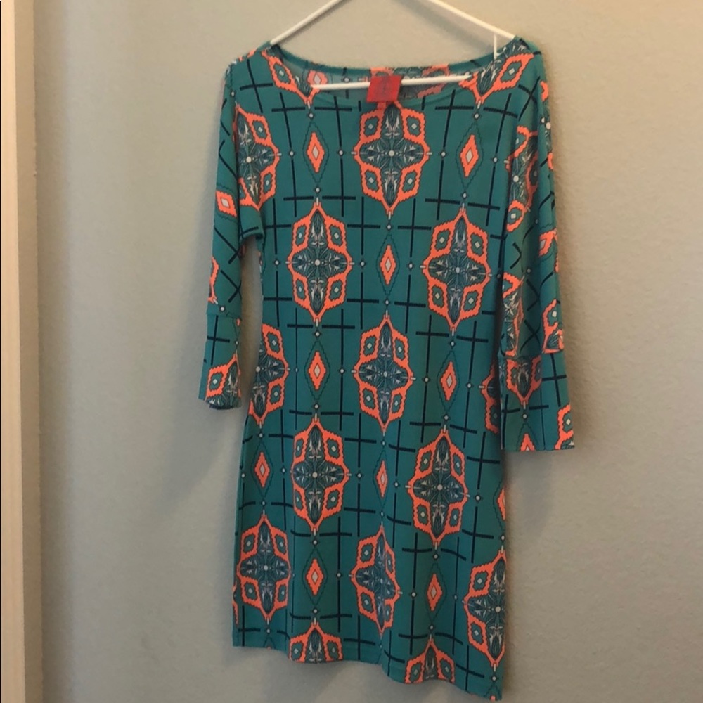 Tracy Negoshian 3/4 sleeve dress.  Teal and Orange